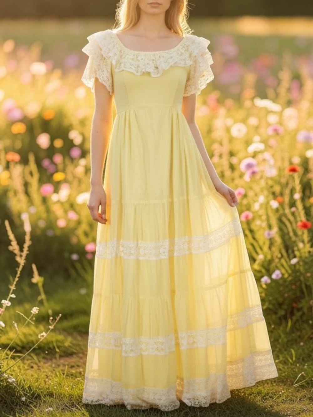 Couriers California | 1970’s Vintage Yellow White Lace Trim Maxi Dress